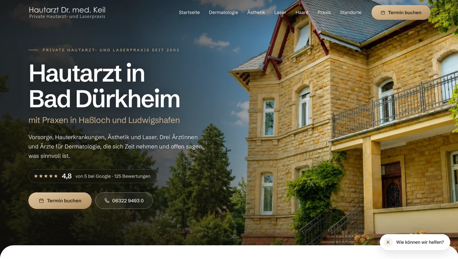 Nachher: die neue Website von Hautarzt Dr. med. Keil mit Praxisfoto, Bewertung und Button „Termin buchen“